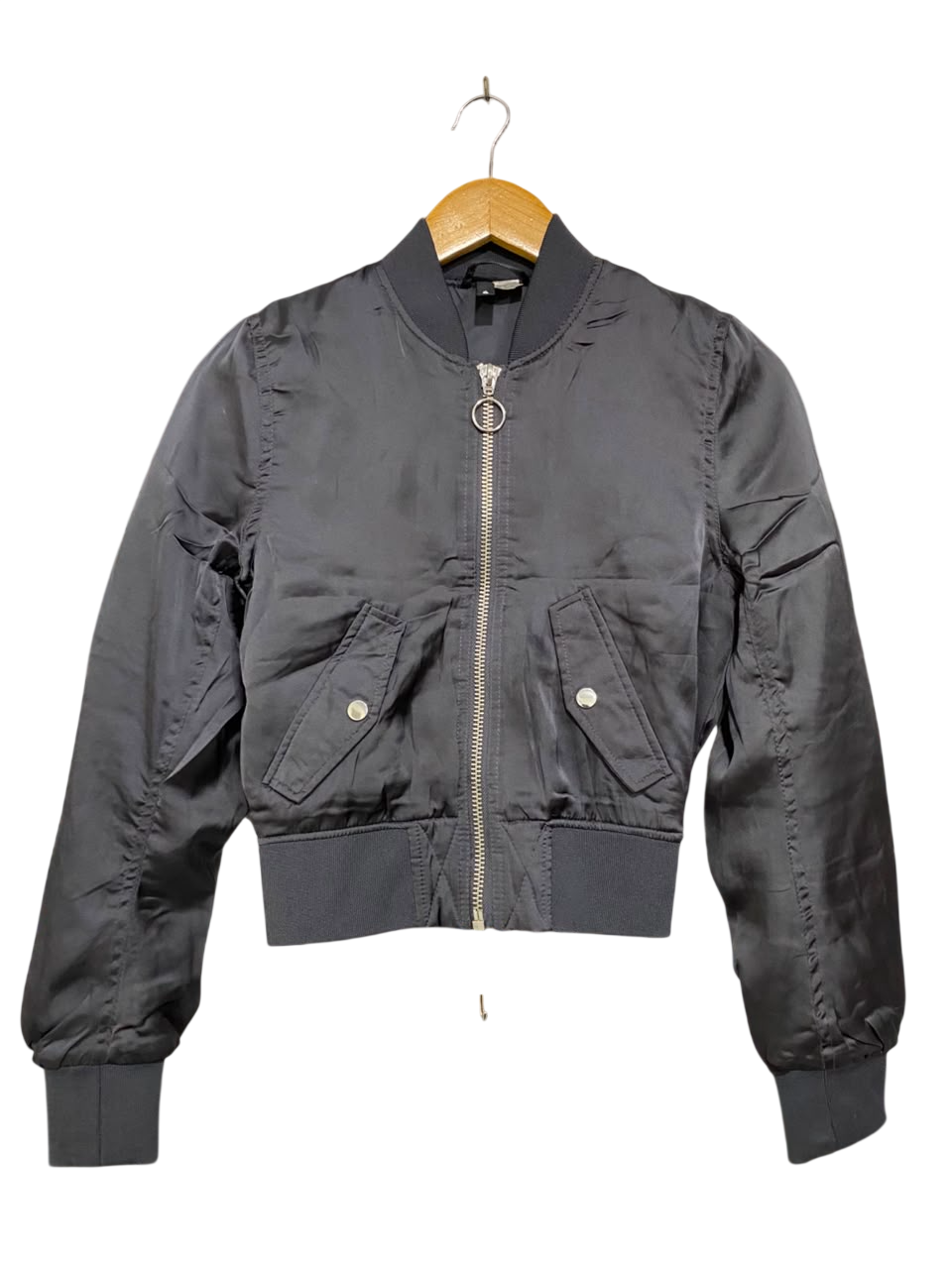 H&M |S| BUST 17| B36| CHIC CHARCOAL BLACK CROPPED SATIN BOMBER JACKET