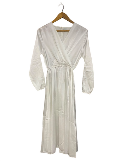 |S| BUST 16| A25| ELEGANT WHITE WRAP-STYLE LONG-SLEEVE MIDI DRESS