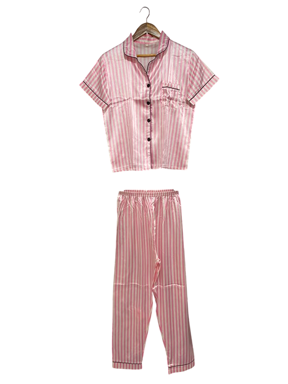 |S| A25| CLASSIC PINK AND WHITE STRIPED SATIN PAJAMA SET WITH PANTS