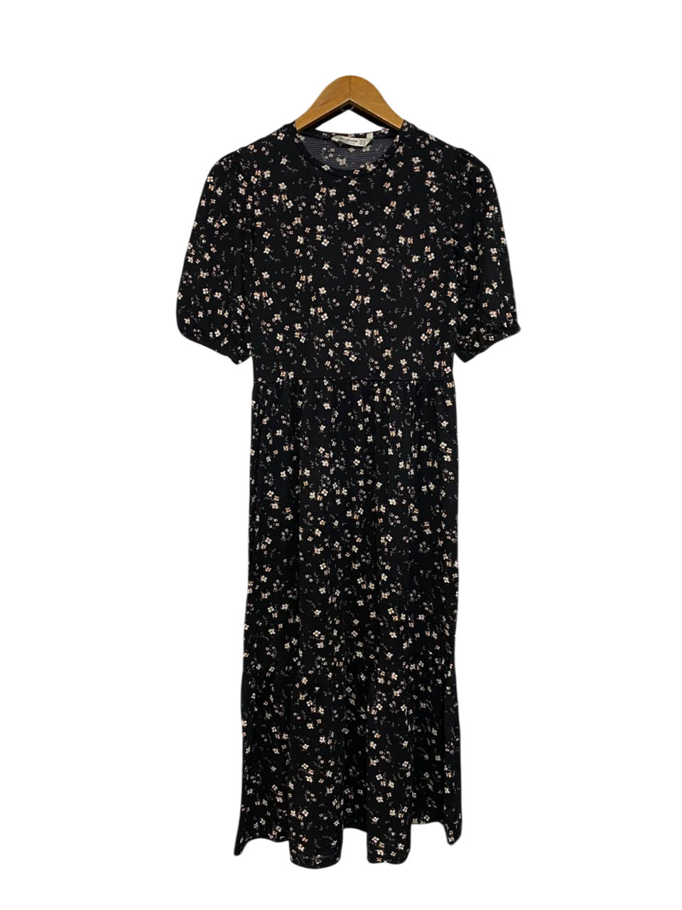 STARDIVARIUS |S| BUST 16| A25| BLACK DITSY FLORAL SHORT-SLEEVE MIDI DRESS