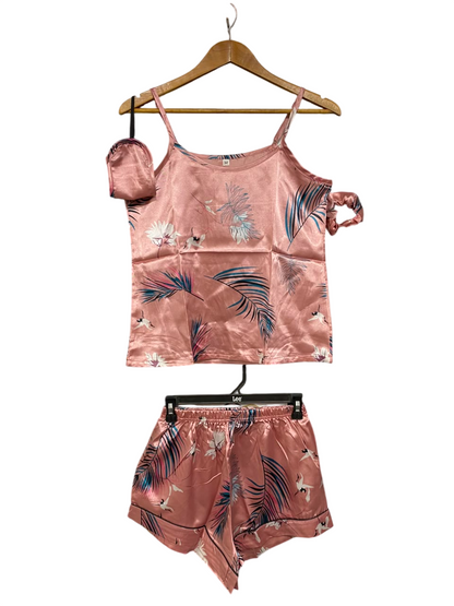 |M| A25| LUXURIOUS PINK TROPICAL SATIN PAJAMA SET WITH MATCHING ACCESSORIES