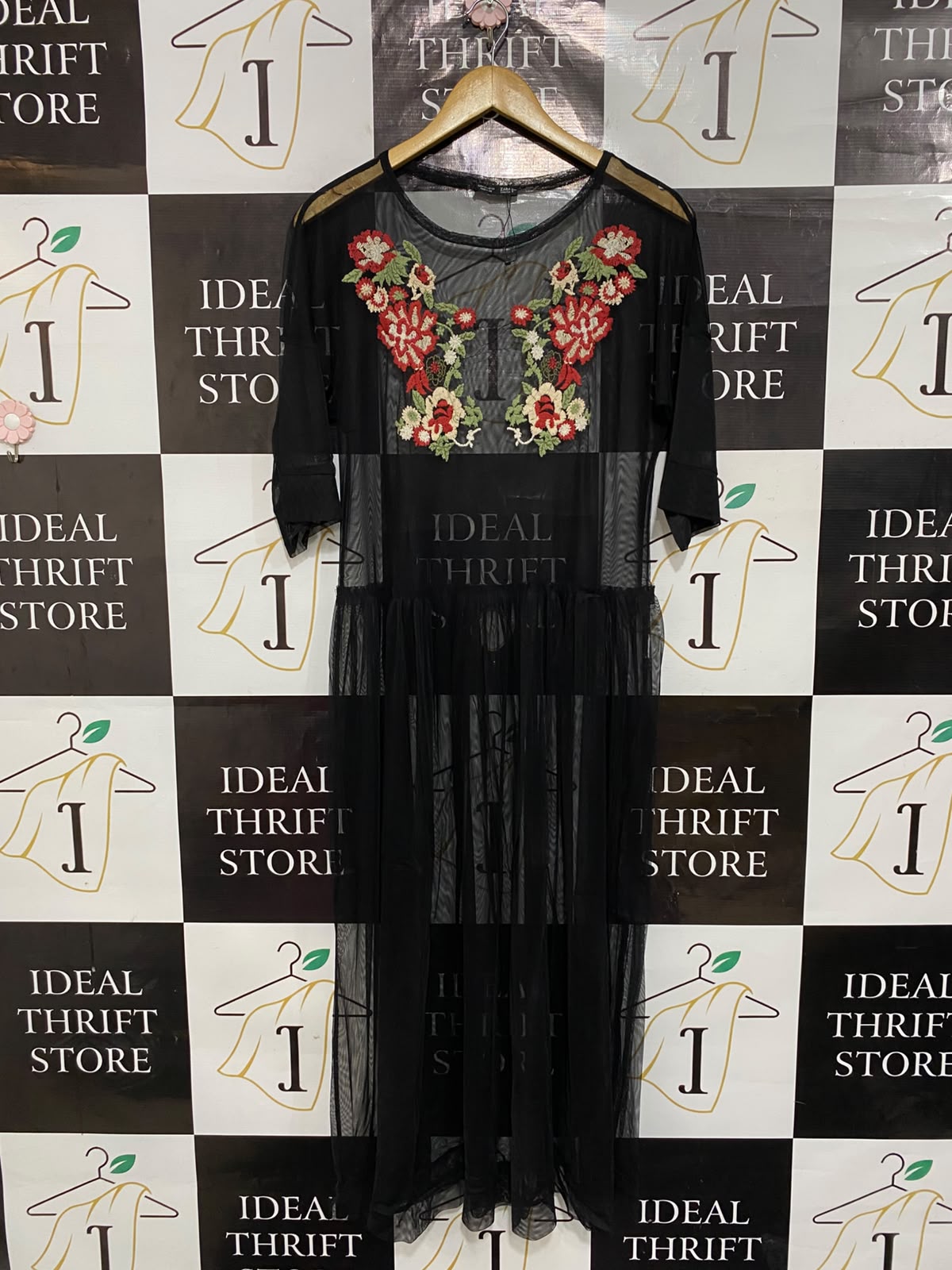 ZARA |M| BUST FREE| A25| ELEGANT BLACK FLORAL EMBROIDERED MESH MAXI DRESS