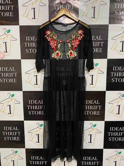 ZARA |M| BUST FREE| A25| ELEGANT BLACK FLORAL EMBROIDERED MESH MAXI DRESS