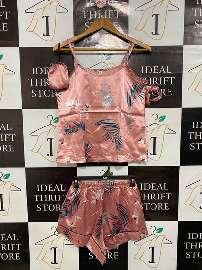 |M| A25| LUXURIOUS PINK TROPICAL SATIN PAJAMA SET WITH MATCHING ACCESSORIES