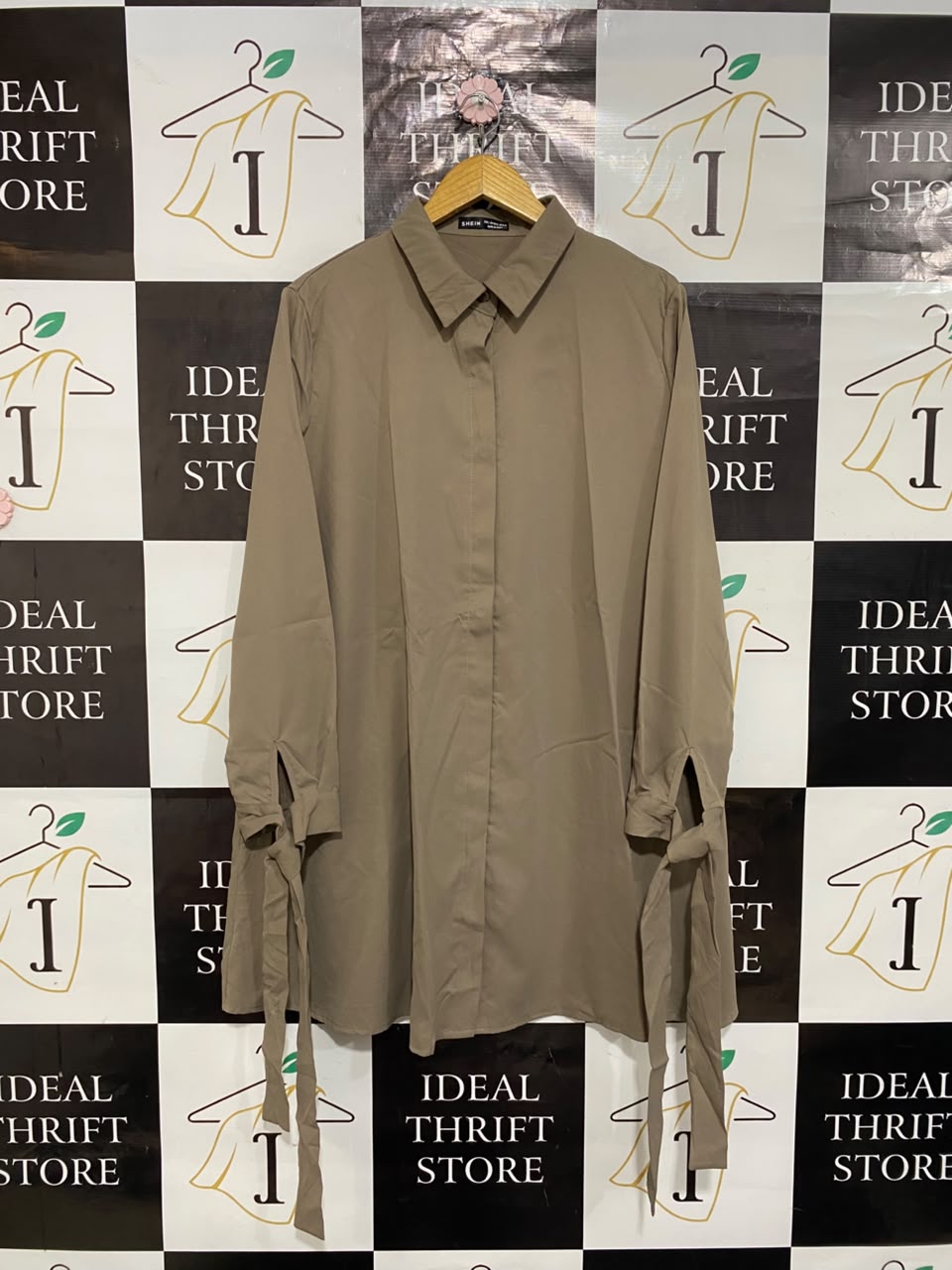 SHEIN |L| BUST 23| A25| TAUPE LONG-SLEEVE TIE-CUFF SHIRT DRESS / TUNIC
