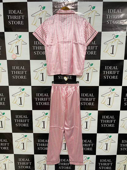 |S| A25| CLASSIC PINK AND WHITE STRIPED SATIN PAJAMA SET WITH PANTS