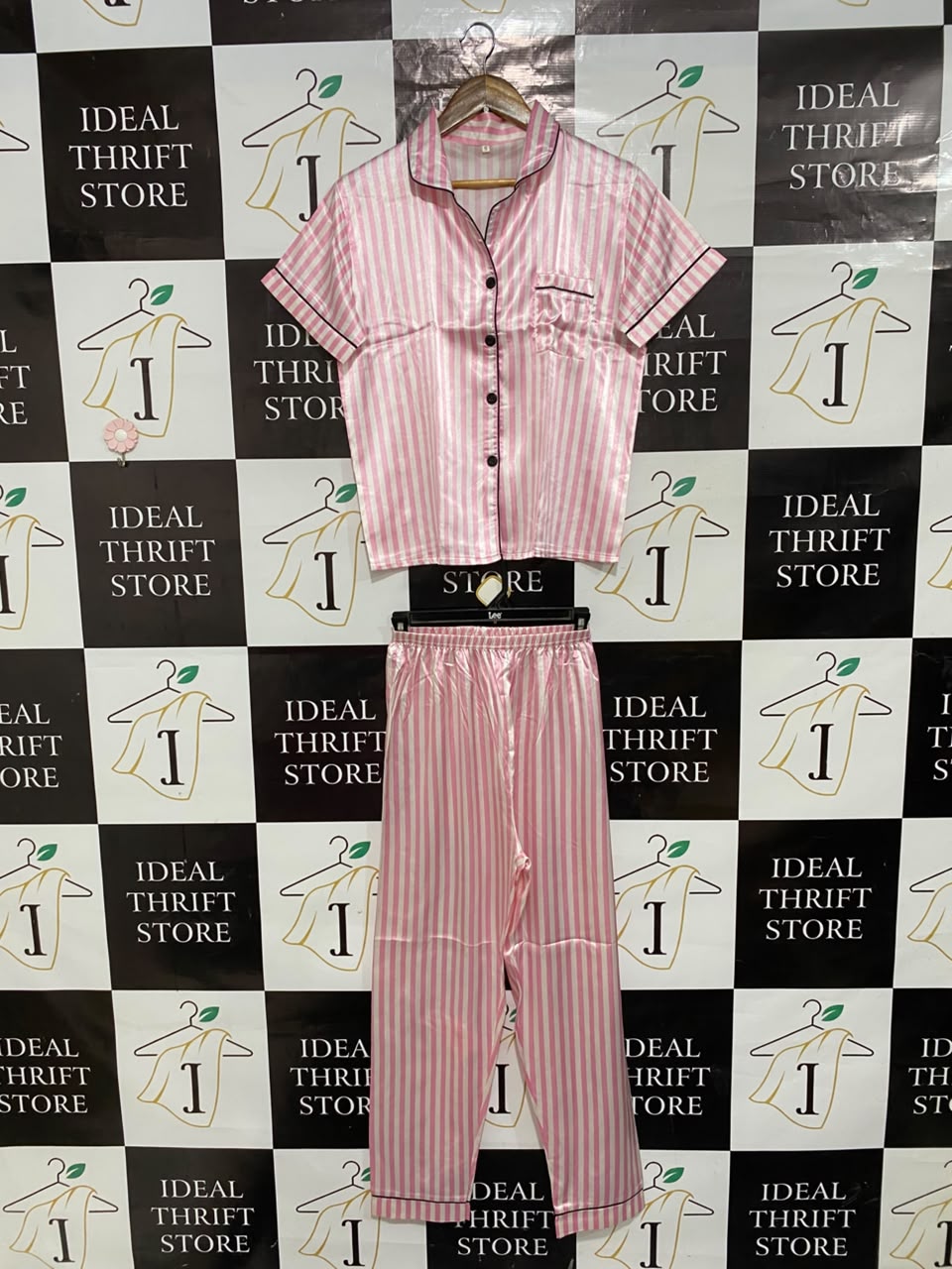 |S| A25| CLASSIC PINK AND WHITE STRIPED SATIN PAJAMA SET WITH PANTS