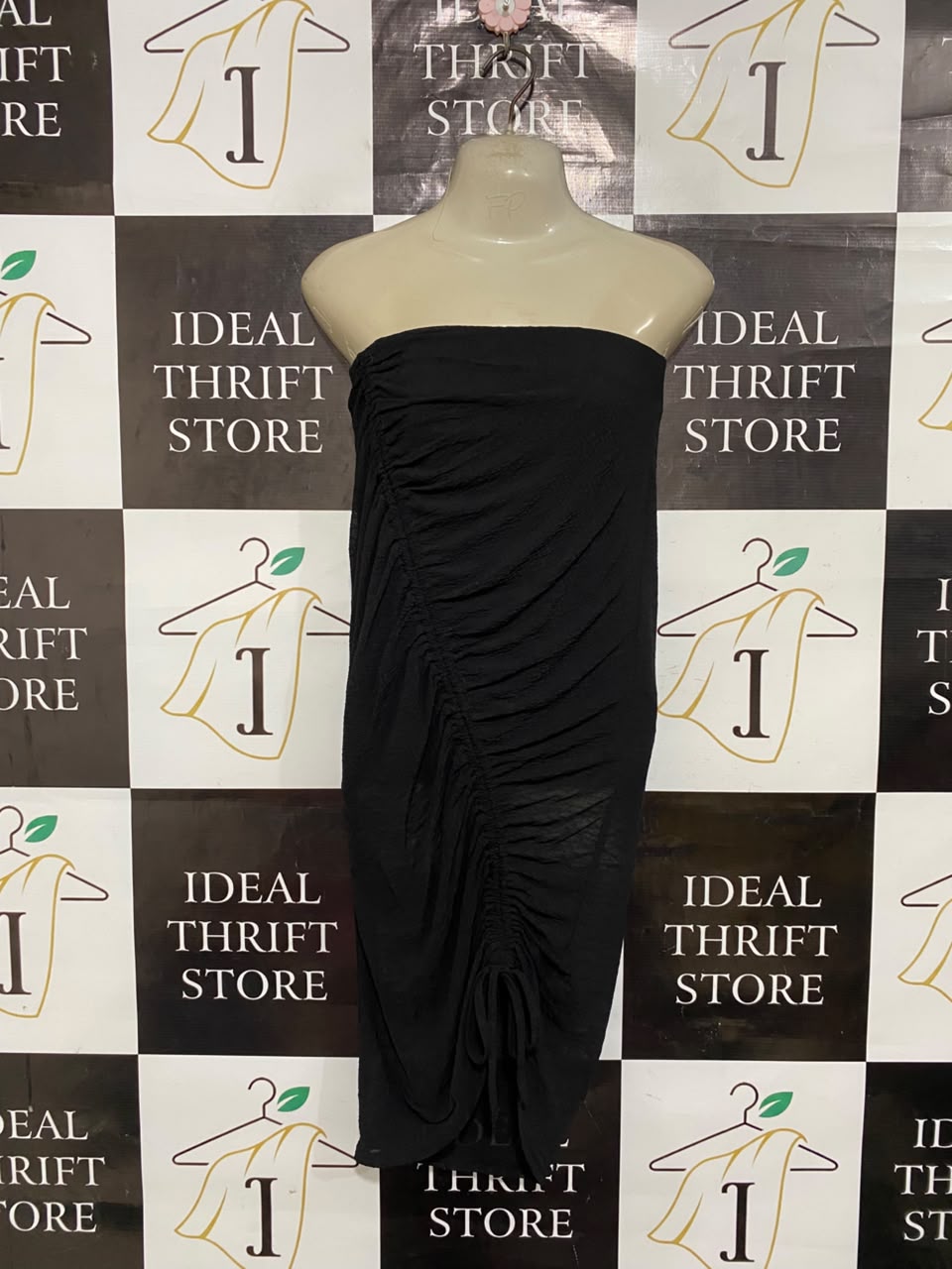 RIVER ISLAND |M| BUST 15| A25| BLACK STRAPLESS RUFFLED BODYCON MIDI DRESS