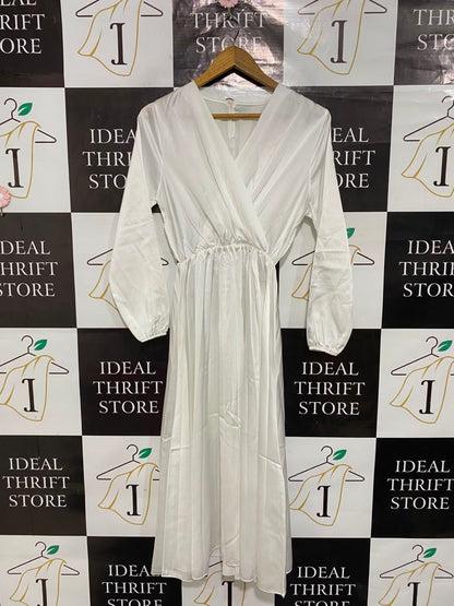 |S| BUST 16| A25| ELEGANT WHITE WRAP-STYLE LONG-SLEEVE MIDI DRESS