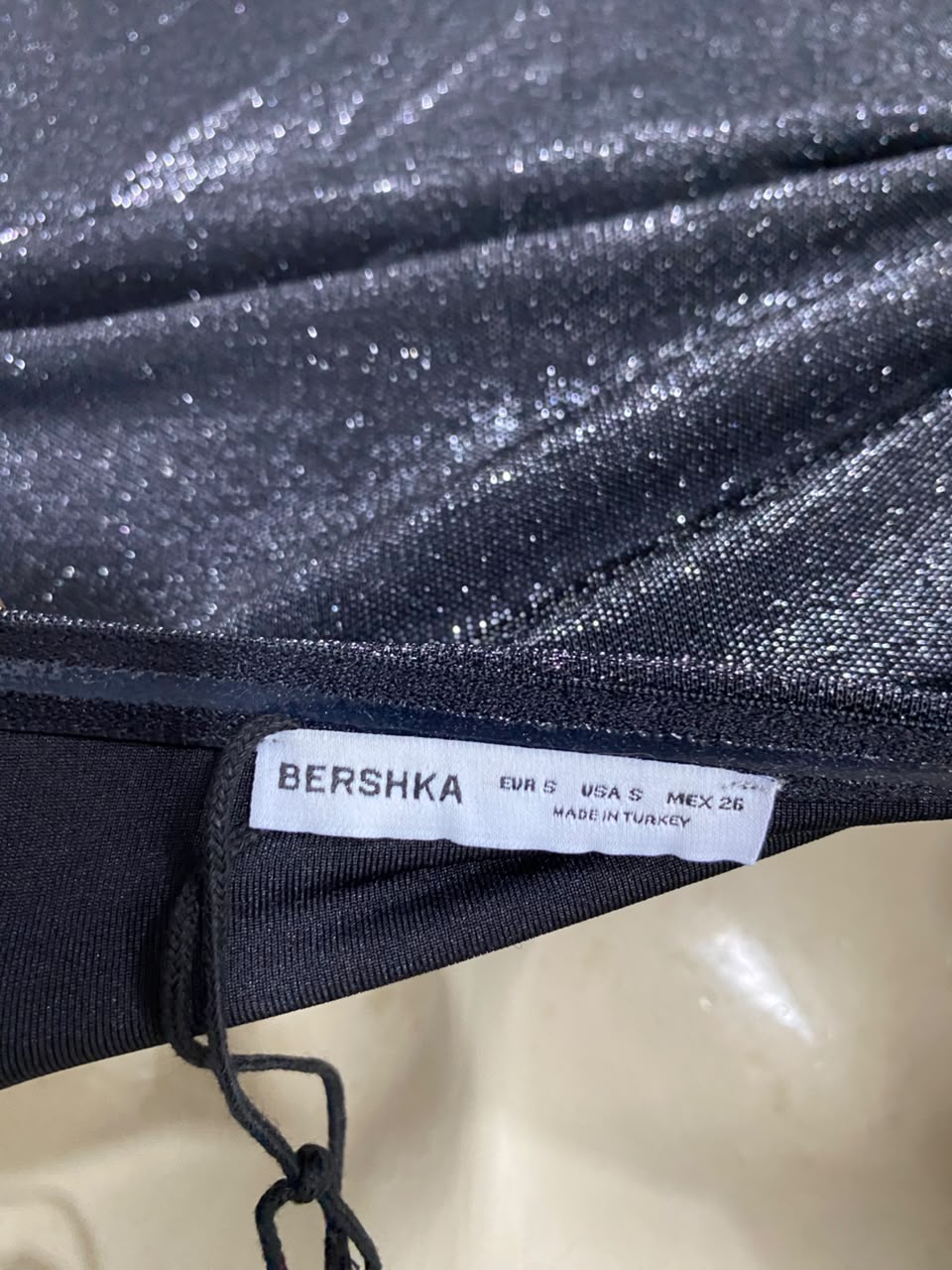 BERSHKA |S| BUST 15| A25| GLAMOROUS CHARCOAL BLACK SPARKLE STRAPLESS MAXI DRESS