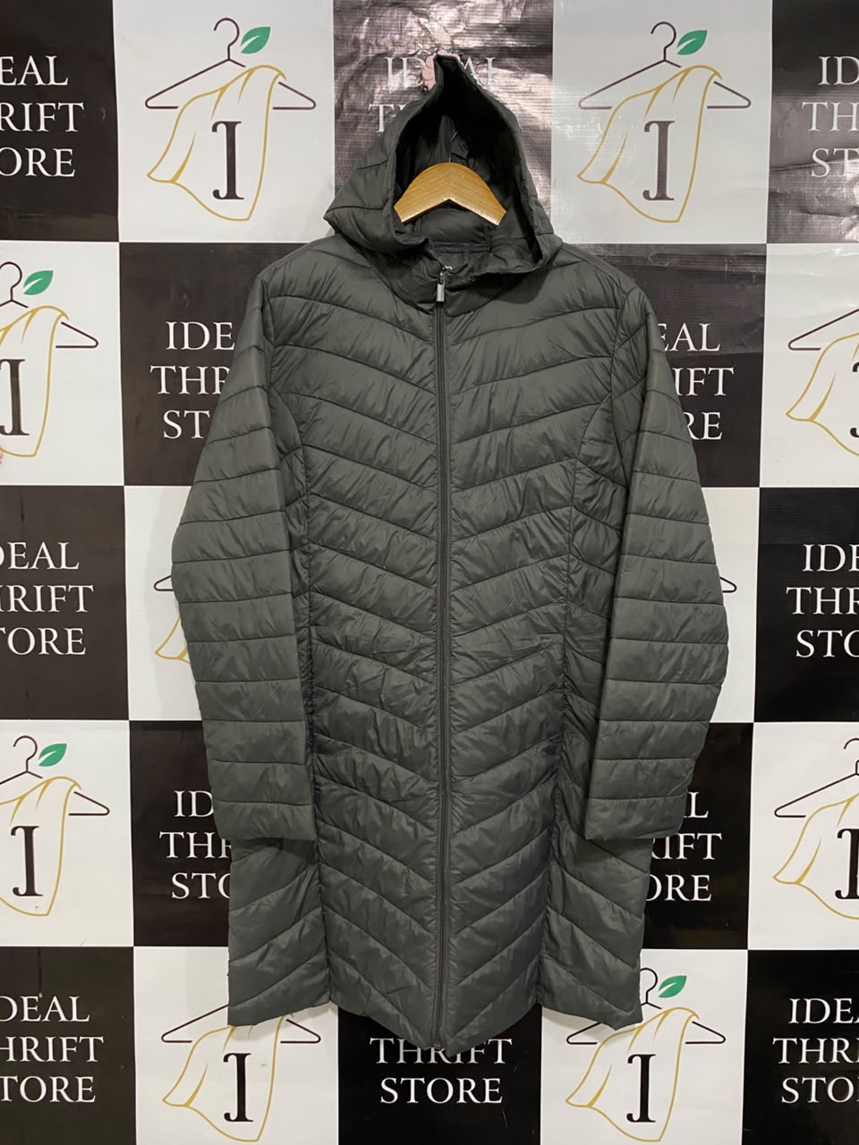 PRIMARK CARES |M| BUST 21| B33| DARK GRAY HOODED QUILTED LONG PUFFER COAT