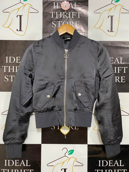 H&M |S| BUST 17| B36| CHIC CHARCOAL BLACK CROPPED SATIN BOMBER JACKET