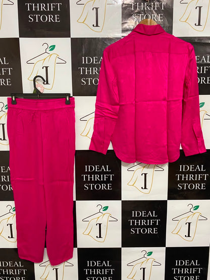 ZARA |XS| A24| VIBRANT HOT PINK SILKY BUTTON-DOWN SHIRT AND TROUSER SET