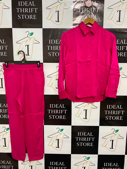 ZARA |XS| A24| VIBRANT HOT PINK SILKY BUTTON-DOWN SHIRT AND TROUSER SET