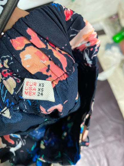 |XS| WAIST 23| A24| NAVY BLUE FLORAL PRINT BELTED WIDE-LEG TROUSERS