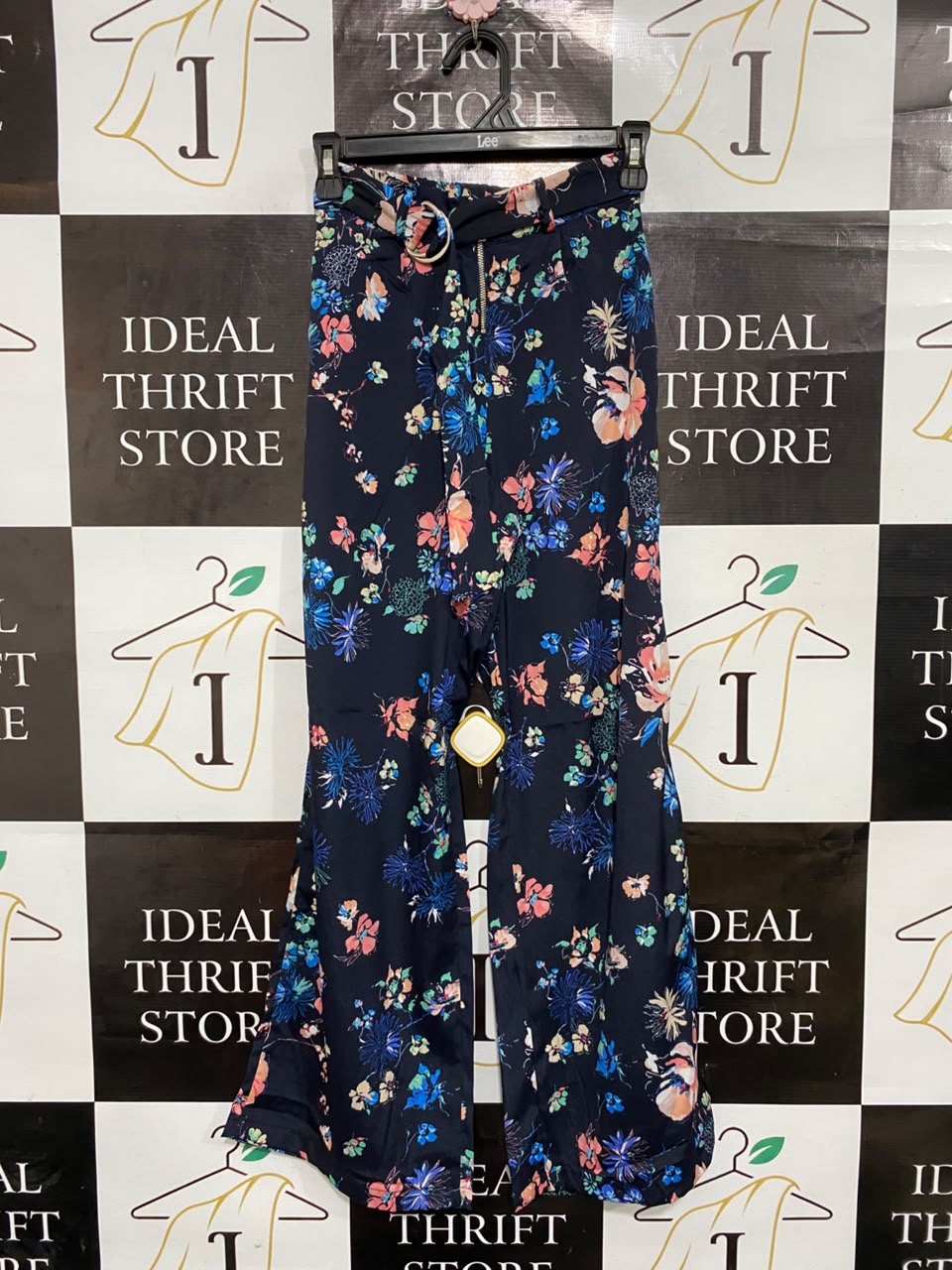 |XS| WAIST 23| A24| NAVY BLUE FLORAL PRINT BELTED WIDE-LEG TROUSERS