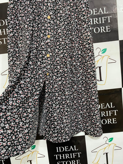 CURVZY |XL| WAIST 32| A24| BLACK DITSY FLORAL MIDI SKIRT WITH FRONT BUTTONS