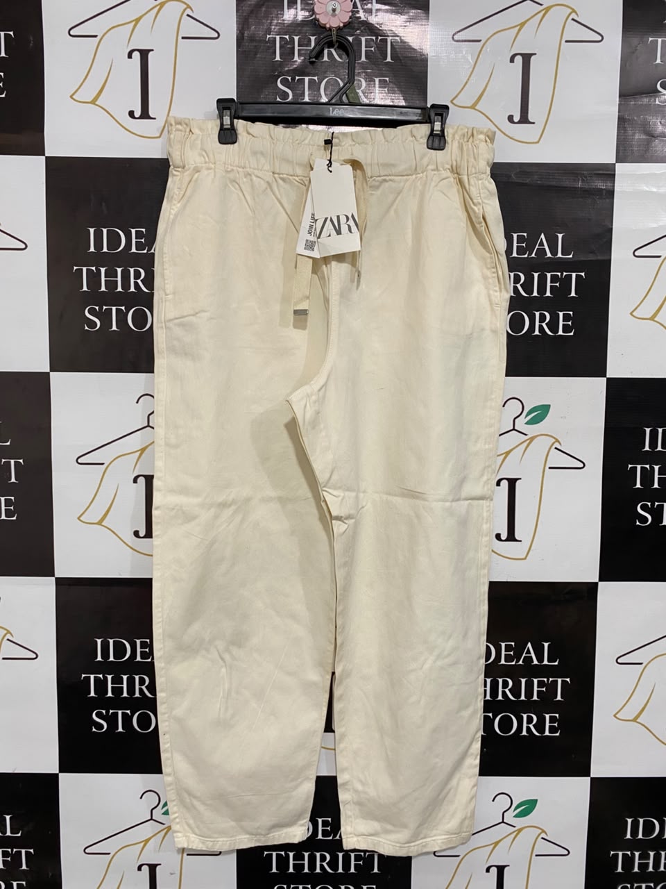 ZARA |L| WAIST 34| A24| CREAM CASUAL DRAWSTRING TROUSERS