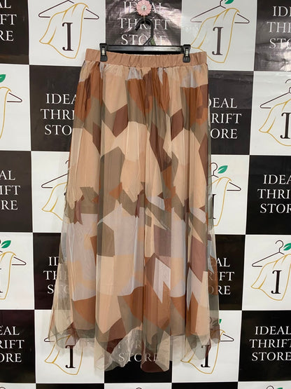 SHEIN |XL| WAIST 32| A24| EARTH-TONE GEOMETRIC PRINT SHEER OVERLAY MIDI SKIRT