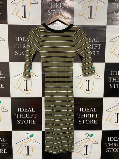 PRIMARK |XS| BUST 11| A24| OLIVE GREEN STRIPED RIBBED BUTTON-FRONT MIDI DRESS