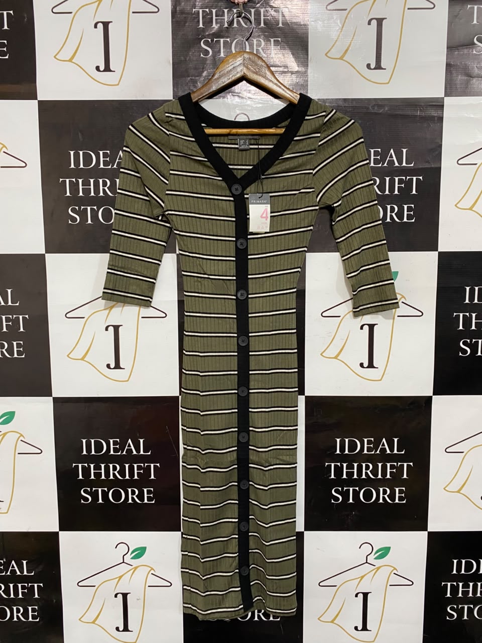 PRIMARK |XS| BUST 11| A24| OLIVE GREEN STRIPED RIBBED BUTTON-FRONT MIDI DRESS