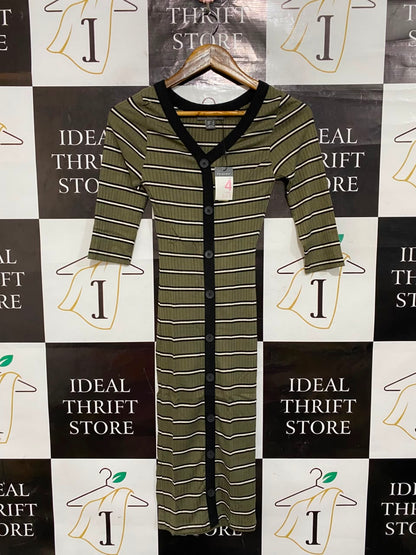 PRIMARK |XS| BUST 11| A24| OLIVE GREEN STRIPED RIBBED BUTTON-FRONT MIDI DRESS
