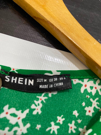 SHEIN |M| BUST 19| A24| EMERALD GREEN WHITE FLORAL PRINT LONG-SLEEVE MIDI DRESS