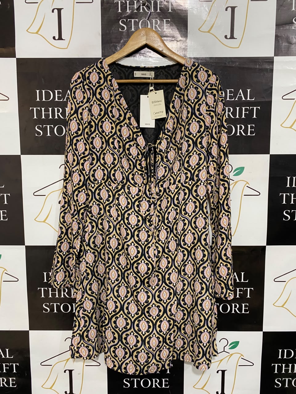 MNG |M| BUST 19| A24| ECOVERO GEOMETRIC PRINT TIE-FRONT MINI DRESS