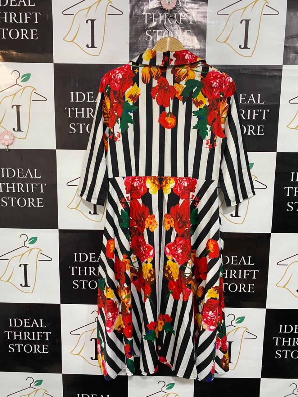 CBR |L| BUST 17| A24| BLACK AND WHITE STRIPE & RED FLORAL PRINT MIDI DRESS
