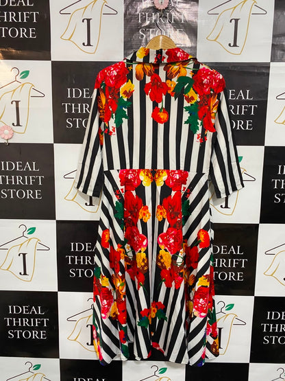 CBR |L| BUST 17| A24| BLACK AND WHITE STRIPE & RED FLORAL PRINT MIDI DRESS