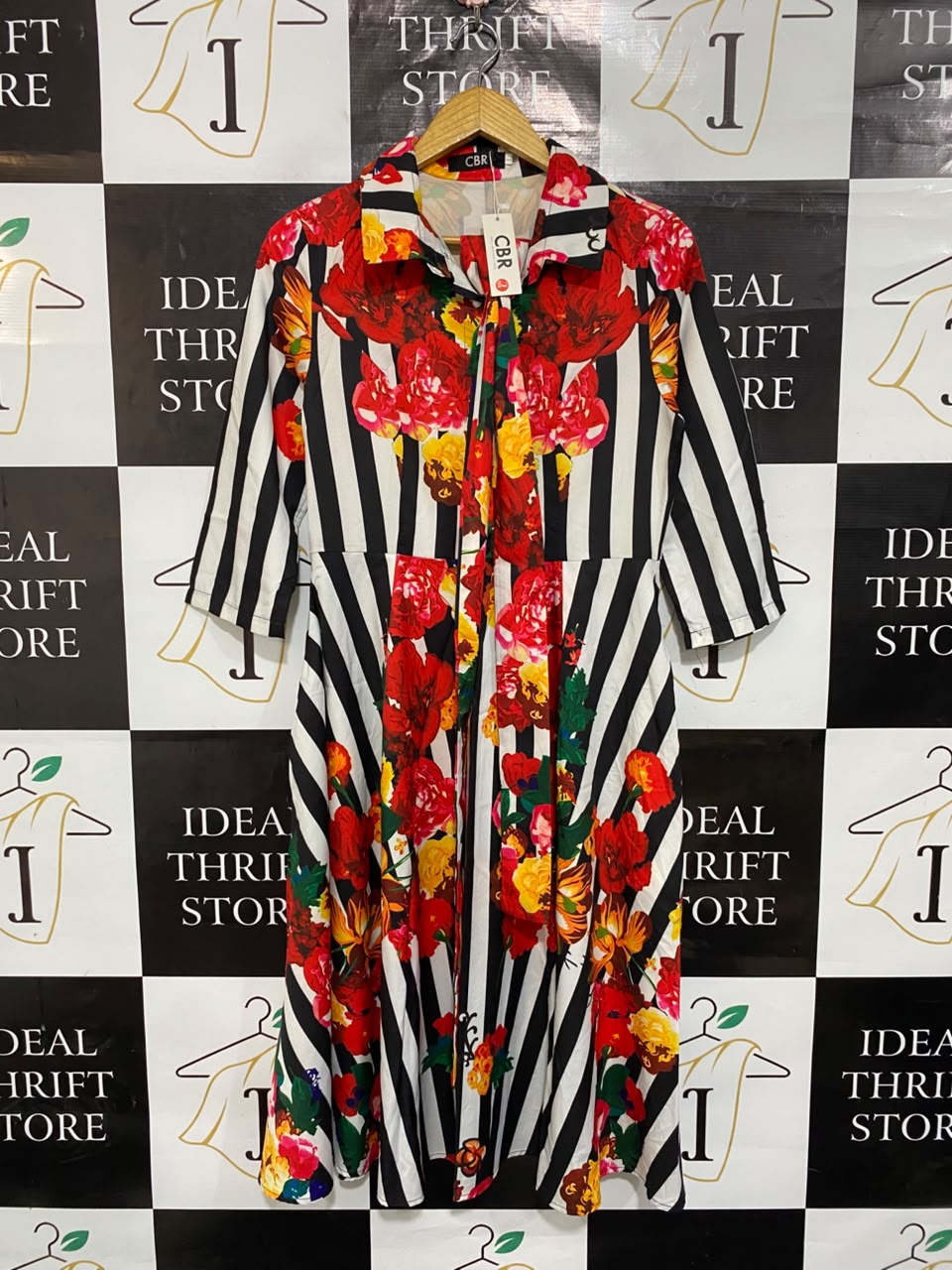 CBR |L| BUST 17| A24| BLACK AND WHITE STRIPE & RED FLORAL PRINT MIDI DRESS