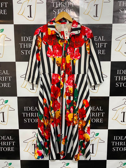 CBR |L| BUST 17| A24| BLACK AND WHITE STRIPE & RED FLORAL PRINT MIDI DRESS