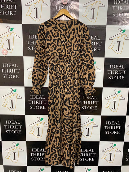 SHEIN |S| BUST 17| A24| LEOPARD PRINT SMOCKED WAIST LONG-SLEEVE MIDI DRESS