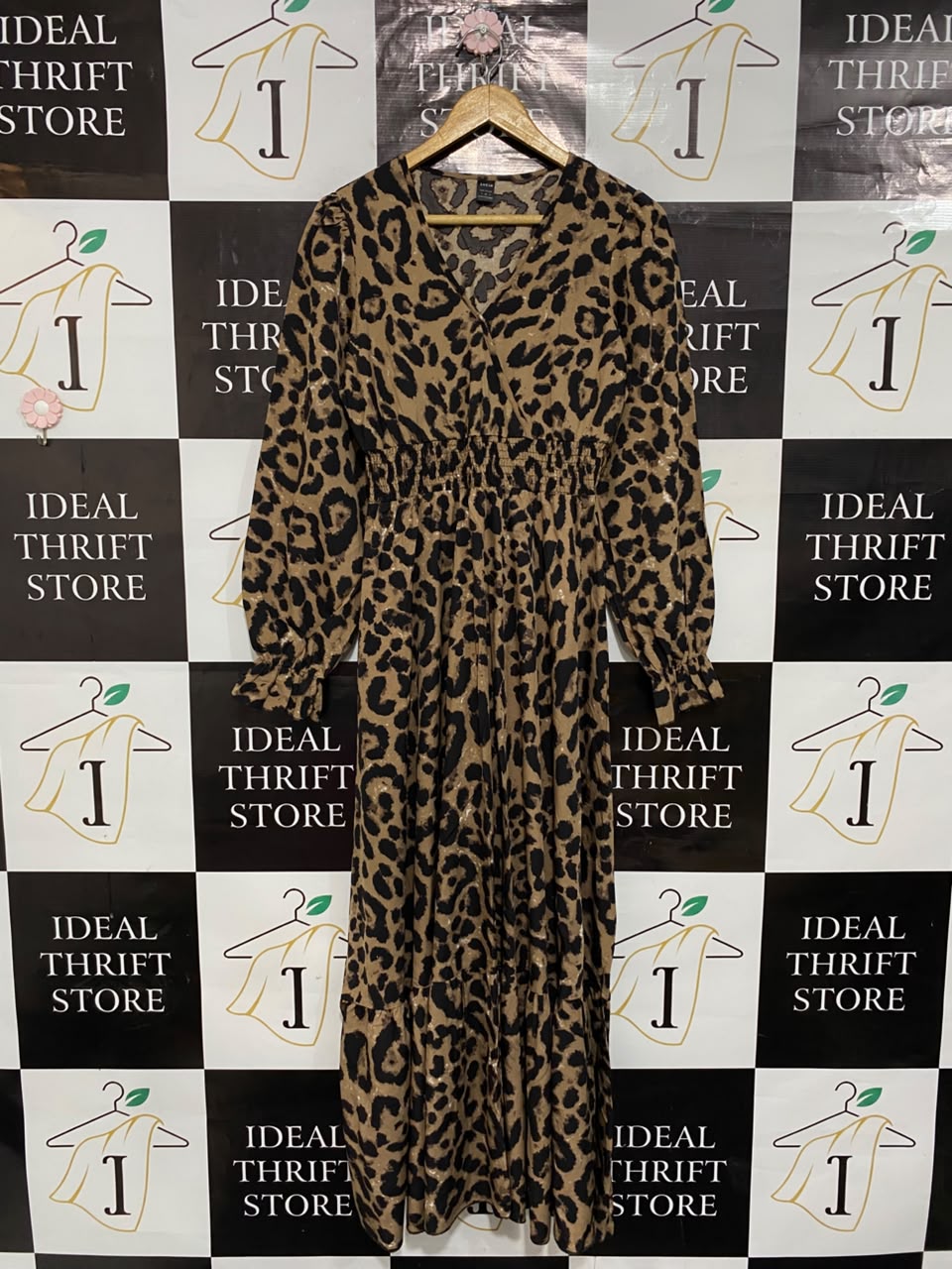 SHEIN |S| BUST 17| A24| LEOPARD PRINT SMOCKED WAIST LONG-SLEEVE MIDI DRESS