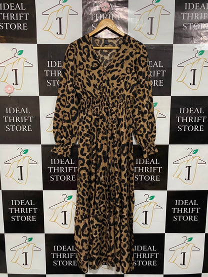 SHEIN |S| BUST 17| A24| LEOPARD PRINT SMOCKED WAIST LONG-SLEEVE MIDI DRESS