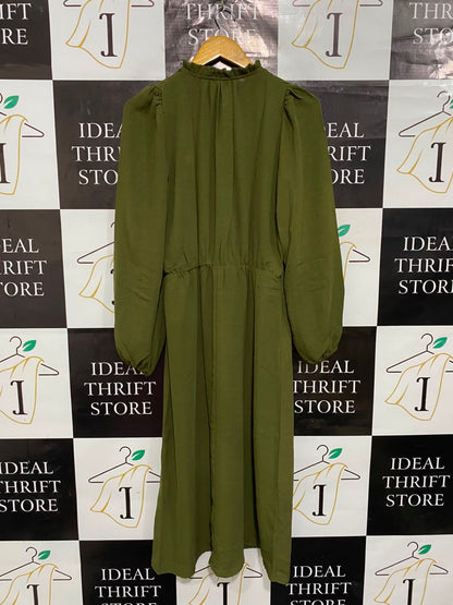 MARINA KANEVA |M| BUST 17| A24| OLIVE GREEN RUFFLE-NECK LONG-SLEEVE MIDI DRESS
