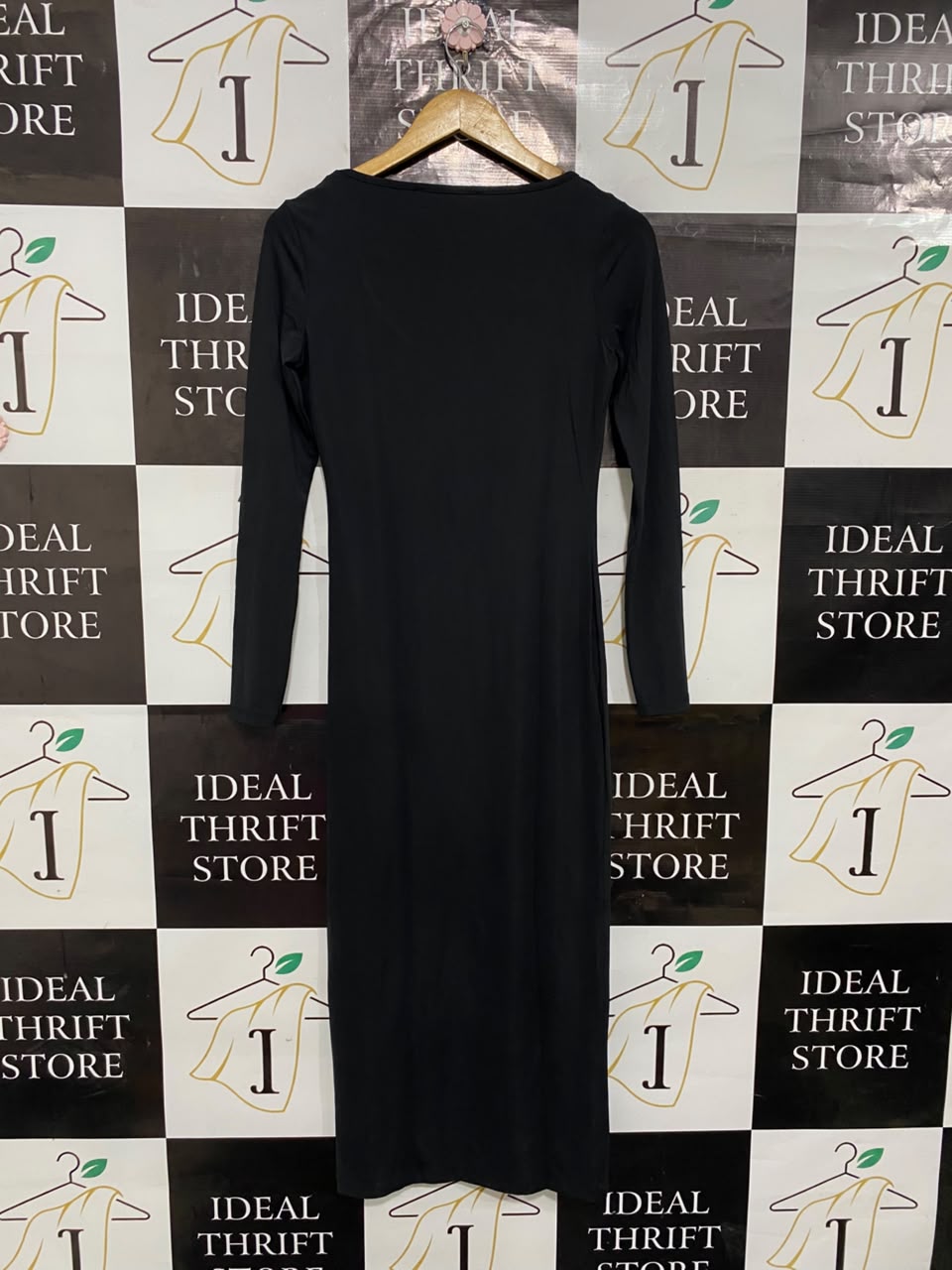 PRIMARK |S| BUST 15| A24| CLASSIC BLACK SCOOP NECK LONG-SLEEVE BODYCON MIDI DRESS