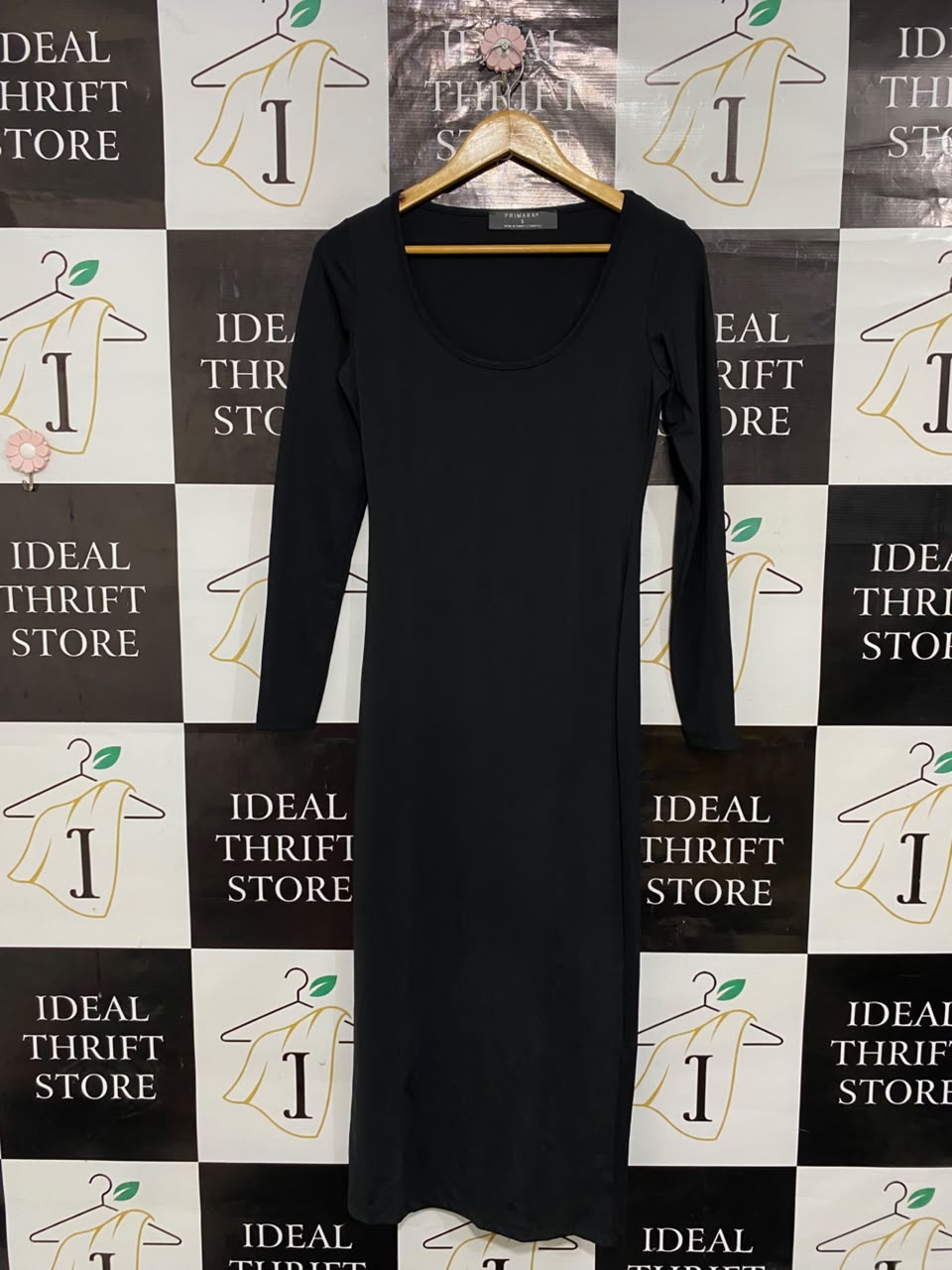 PRIMARK |S| BUST 15| A24| CLASSIC BLACK SCOOP NECK LONG-SLEEVE BODYCON MIDI DRESS