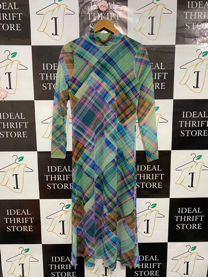 OASIS |M| BUST 17| A24| MULTICOLOR PLAID MOCK NECK MESH MIDI DRESS