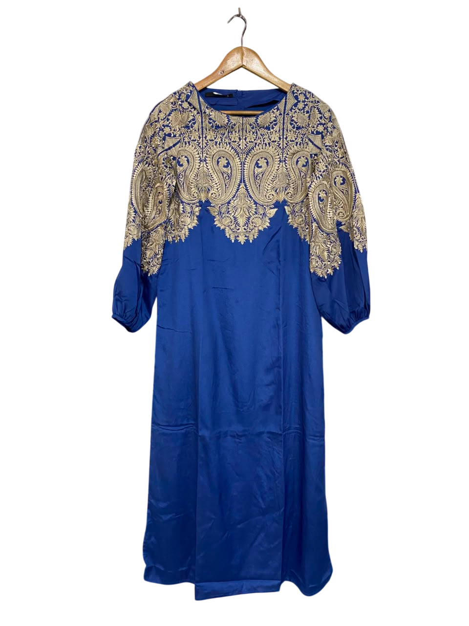 KHAADI |S| BUST 17| A25| ROYAL BLUE AND GOLD PAISLEY EMBROIDERED MAXI DRESS