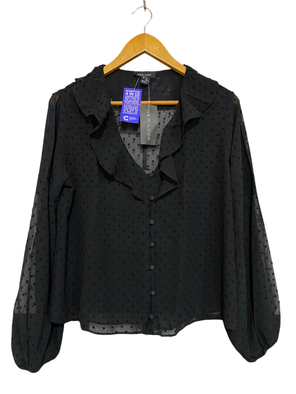 NEW LOOK |M| BUST 20| A25| BLACK SHEER DOBBY DOT RUFFLE-COLLAR BLOUSE