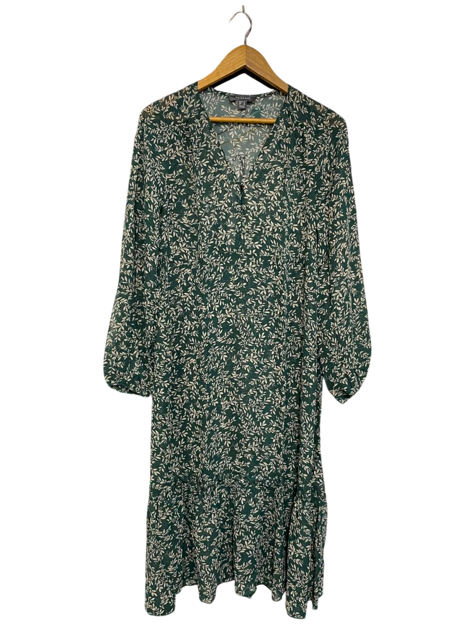 PRIMARK |M| BUST 18| A25| FOREST GREEN LEAF PRINT V-NECK LONG SLEEVE MIDI DRESS