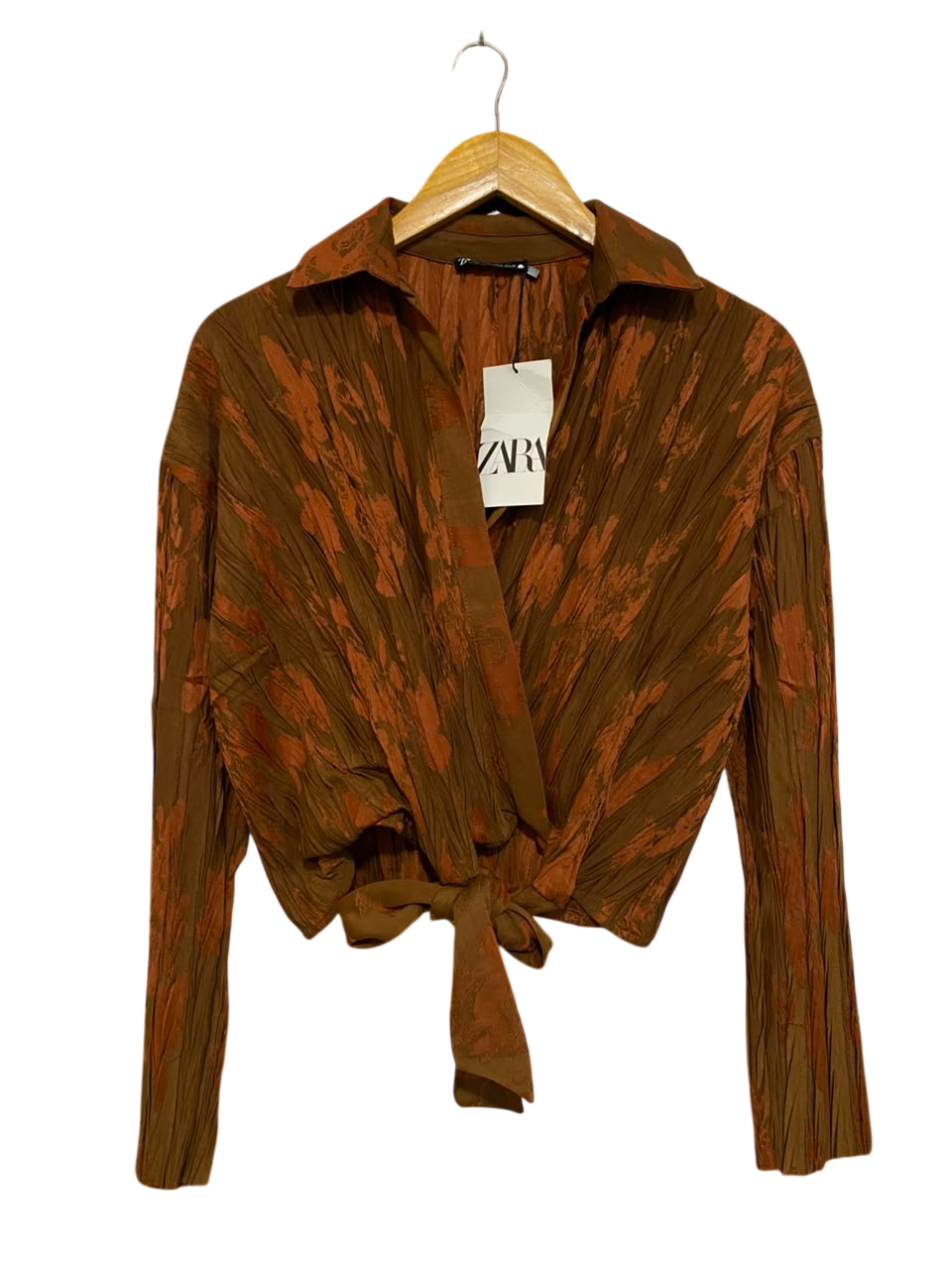 ZARA |S| BUST 20| A25| BROWN AND RUST CRUSHED PLEATED TIE-FRONT CROP TOP