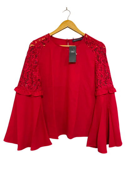 M&S |M| BUST 19| A25| VIBRANT RED LACE-DETAIL BELL SLEEVE BLOUSE
