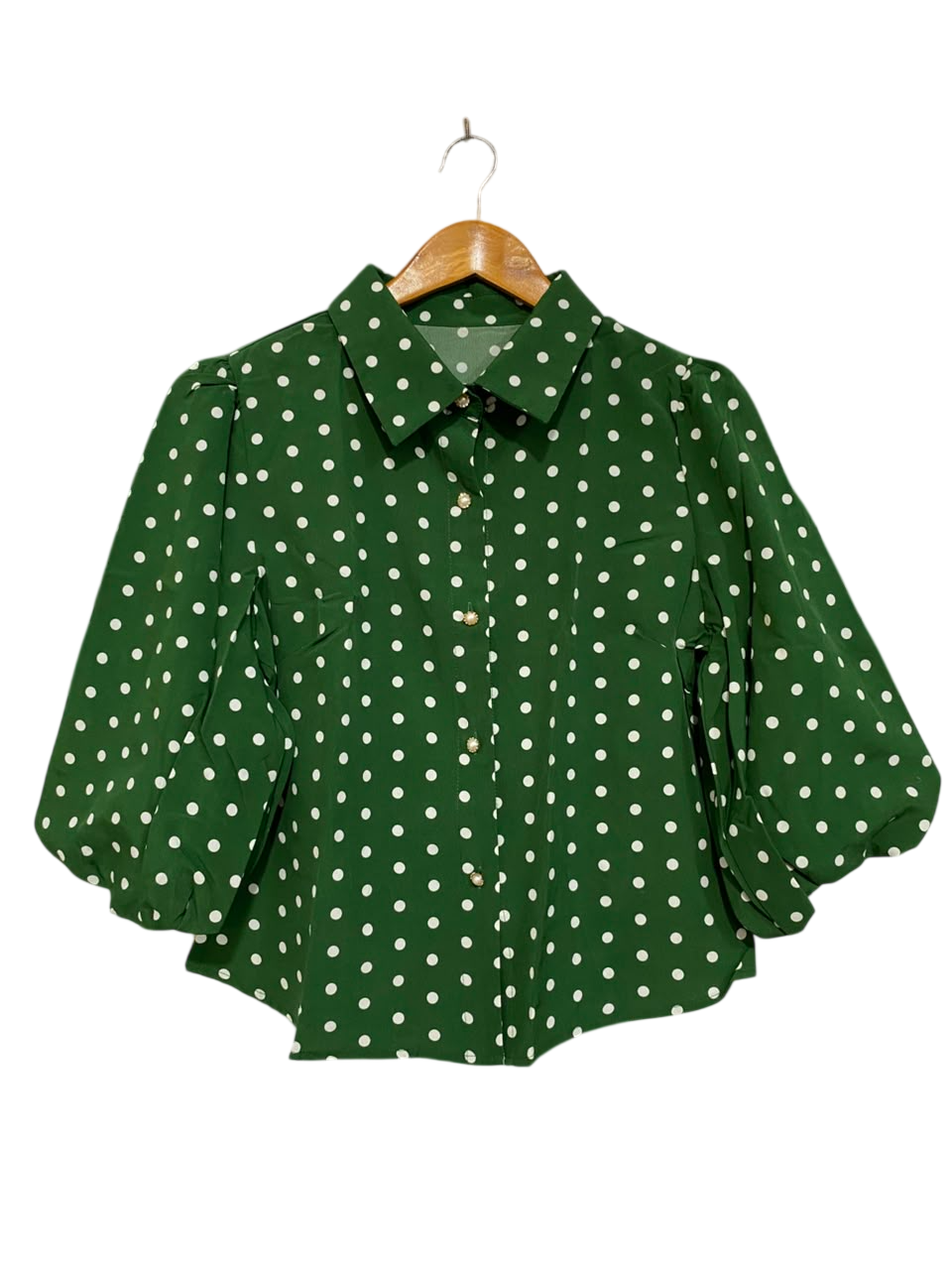 SHEIN |M| BUST 18| A25| FOREST GREEN POLKA DOT BUTTON-UP PUFF SLEEVE BLOUSE