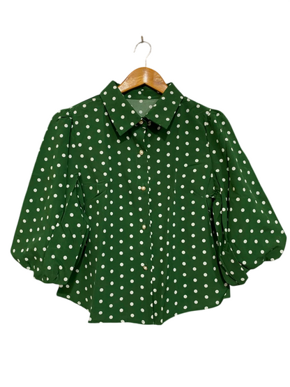 SHEIN |M| BUST 18| A25| FOREST GREEN POLKA DOT BUTTON-UP PUFF SLEEVE BLOUSE