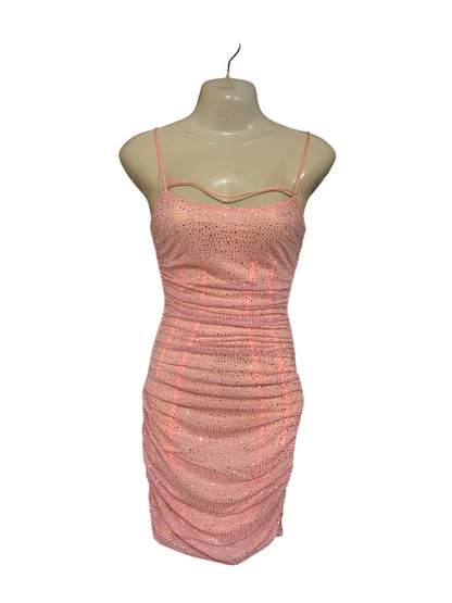 OH POLLY |S| BUST 15| A25| BLUSH PINK RHINESTONE EMBELLISHED RUCHED BODYCON MINI DRESS