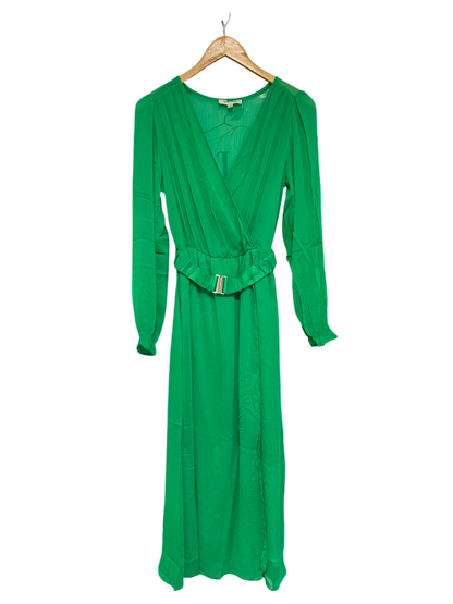 NAF NAF |S| BUST 16| A25| VIBRANT GREEN WRAP-STYLE LONG SLEEVE BELTED MIDI DRESS