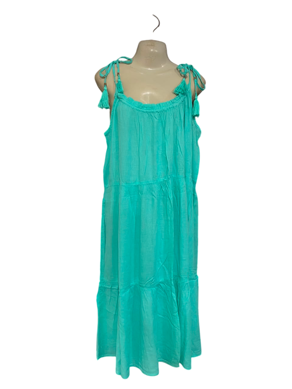 M&S |L| BUST 21| A25| TURQUOISE TIERED TASSLED STRAP SUMMER MIDI DRESS