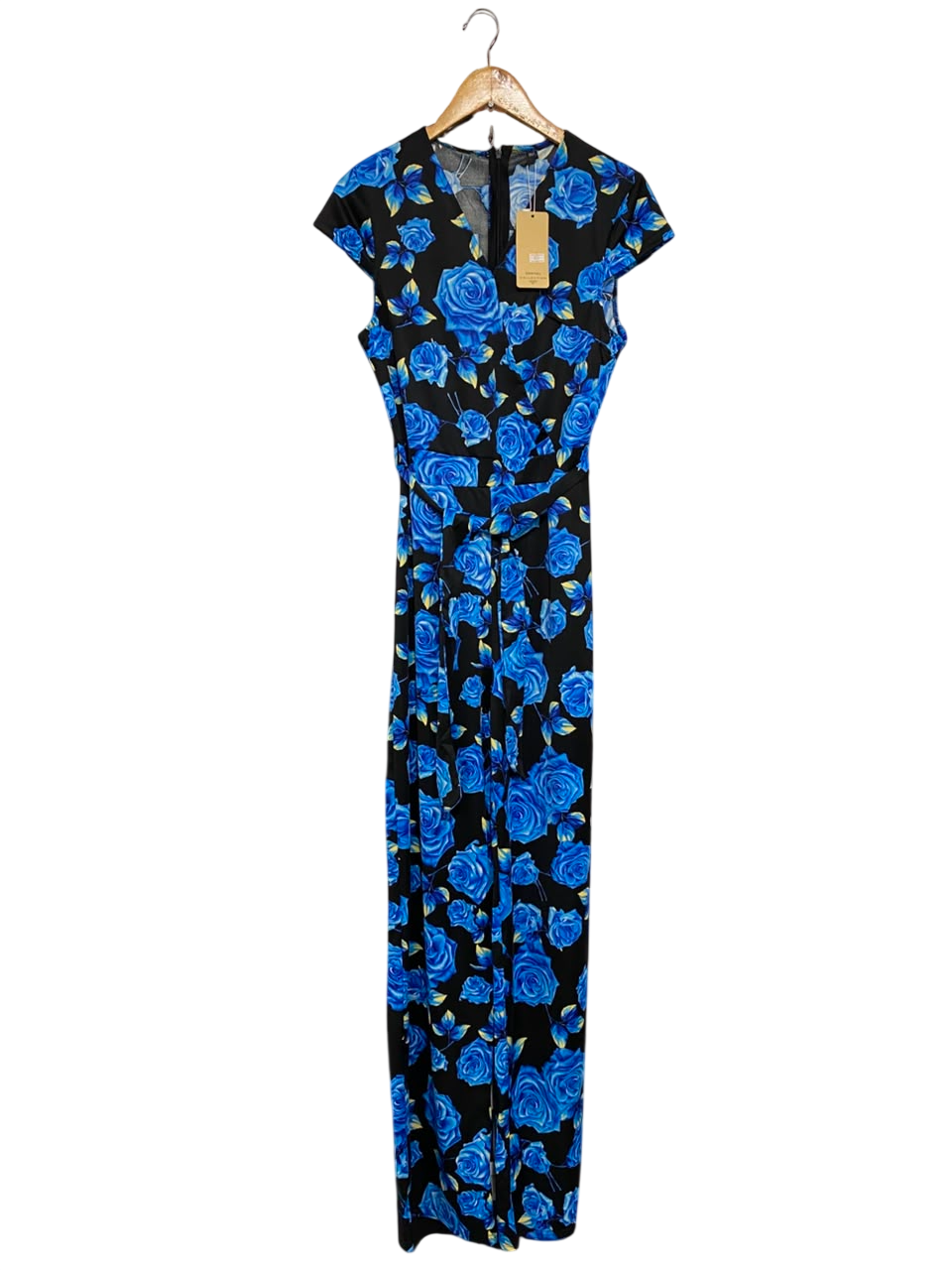QIANYIKU |M| BUST 17| A25| BLUE ROSE FLORAL PRINT SHORT SLEEVE BELTED JUMPSUIT